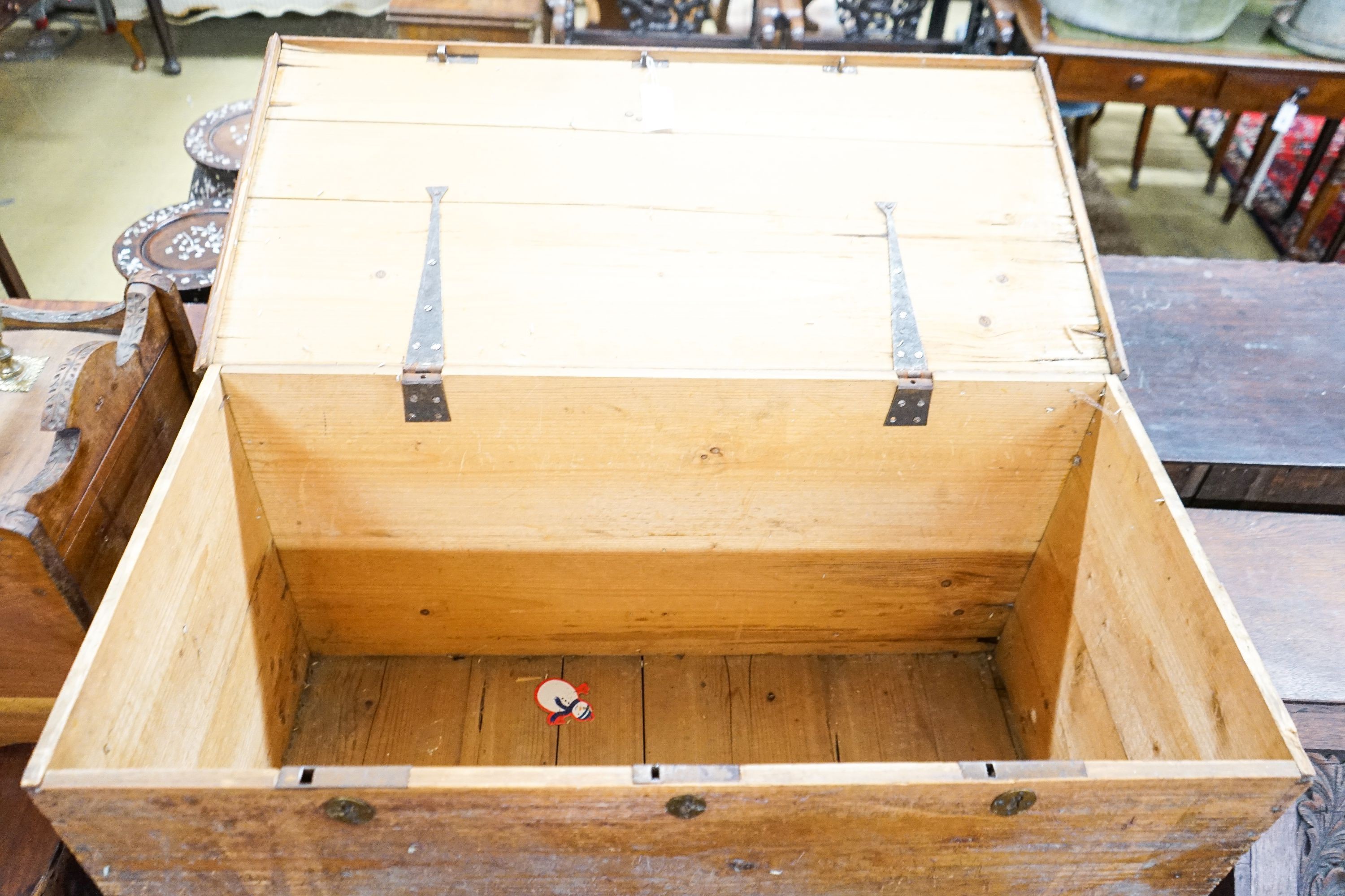 A Victorian rectangular pine trunk, length 94cm, depth 47cm, height 50cm